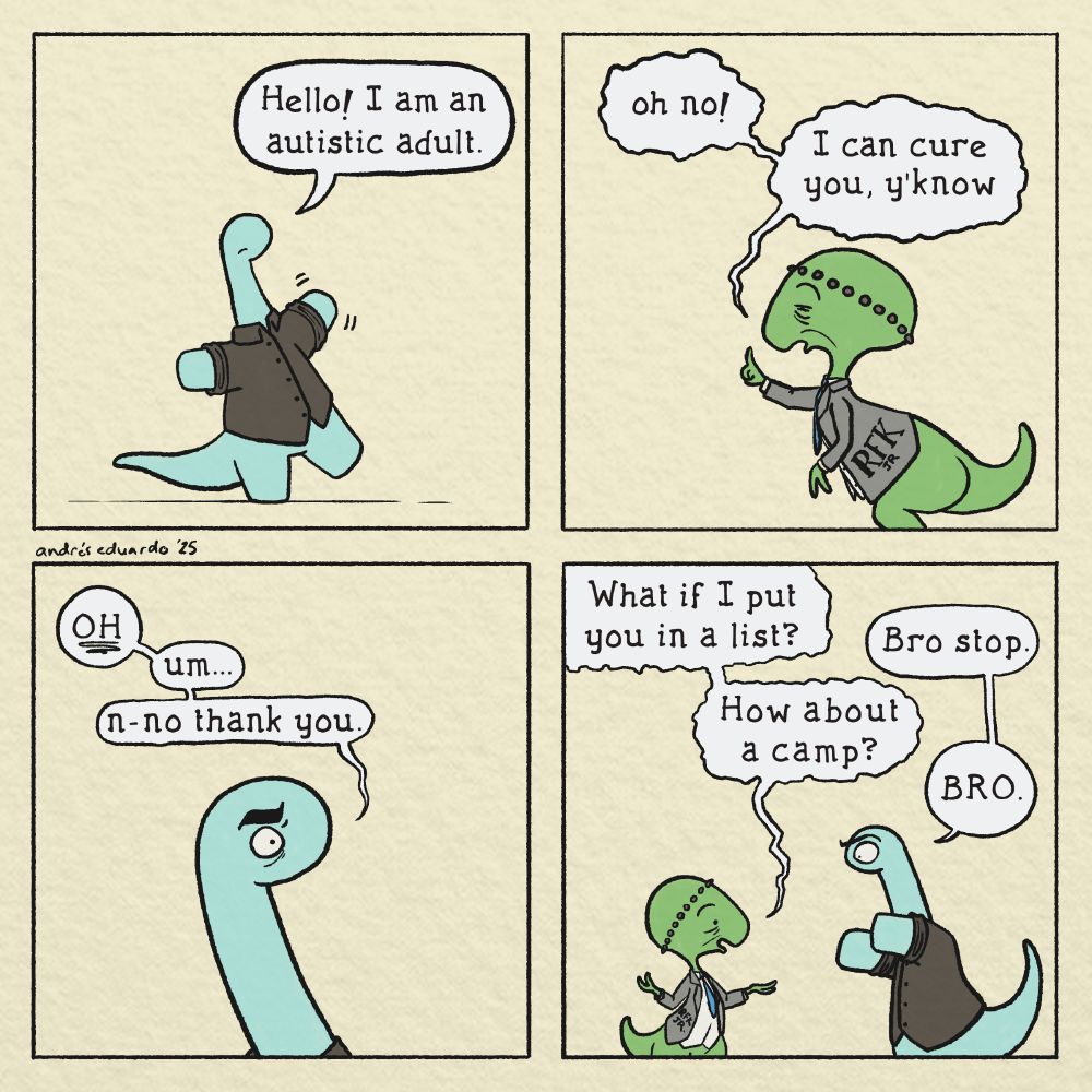 A blue dinosaur introduces himself as an autistic adult. RFK Jr. appears to offer a "cure" for autism, then to put Blue on a list, then in a camp.