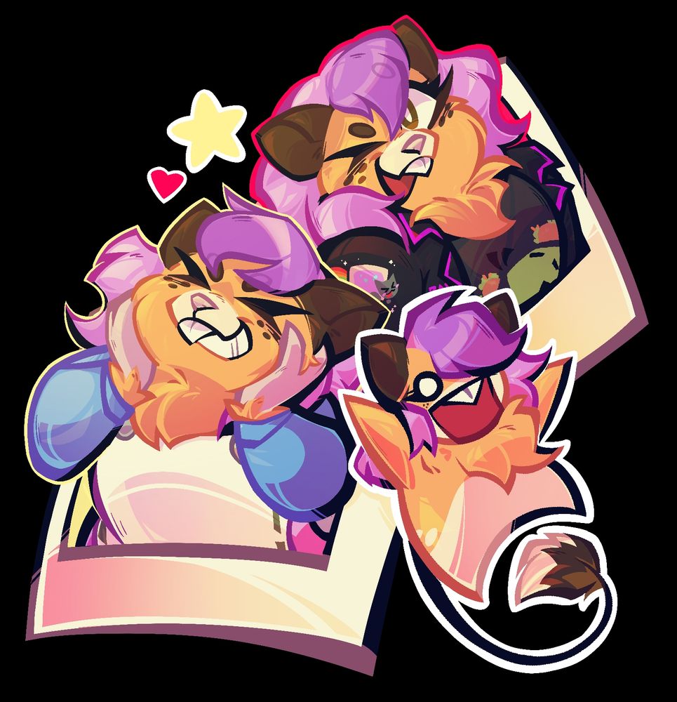 Digital art of my hamster fursona, Macchi, with two Macchis in different outfits and happy expressions coming out of polaroid images and a small, chibi Macchi happily jumping up next to them.