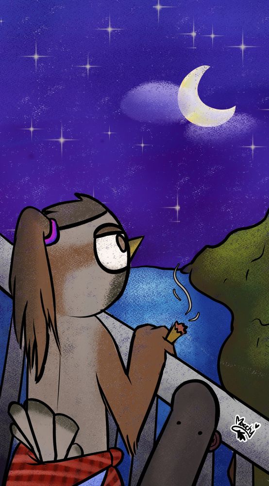 Blake, an anthropomorphic grey & brown bird, stands on a high-up metal bridge with his red plaid shirt tied around his waist and his skateboard leaning on the bridge next to him. He stares into the deep, purple sky full of stars on a late night where the warm yellow moon peeks out of the clouds above the river and land below. 