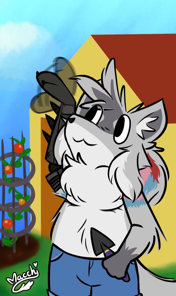 Digital art depicting an anthropomorphic grey wolf with blue and pink markings and a prosthetic arm stands out in a garden holding a shover & waving to someone. The sky is clear, and you can see tomatoes on a trellis and a shed in the background.