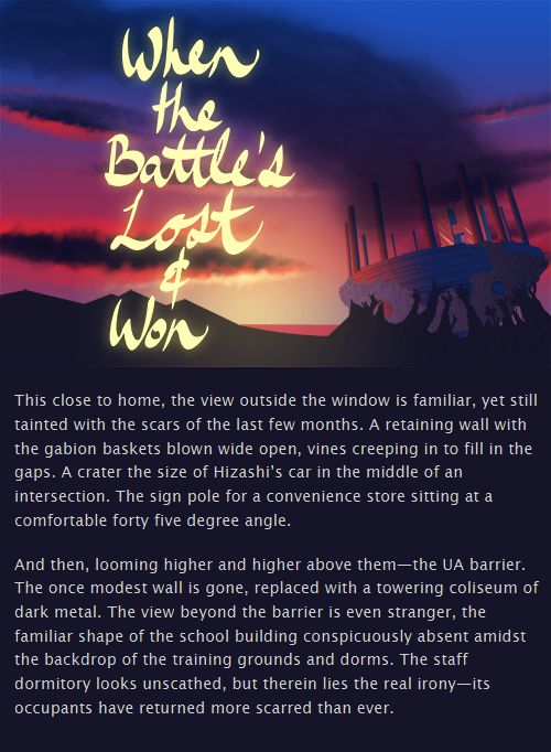 Image of a smouldering UA high crash-landed on the battlefield in front of a sunset. Gold text indicating the story title: When the Battle's Lost & Won