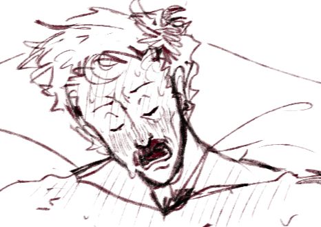 digital sketch of wolfgang's face while he's jerking off. He's flushed, panting and sweating, and his hair is a mess.