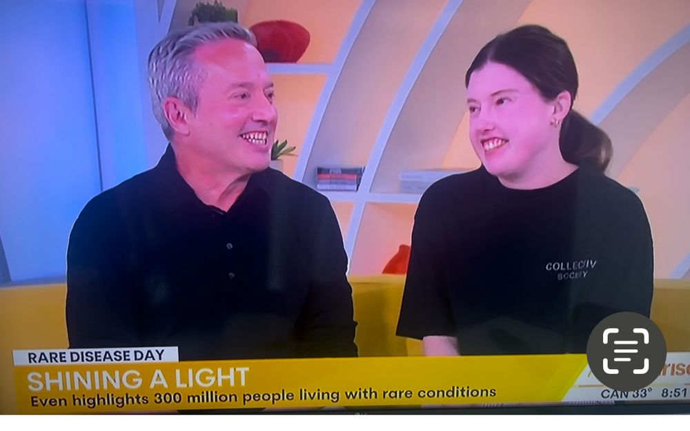 Beautiful Charli Kamper who lives with 22q11.2 deletion syndrome with  Rick Guidotti on the channel 7 couch 