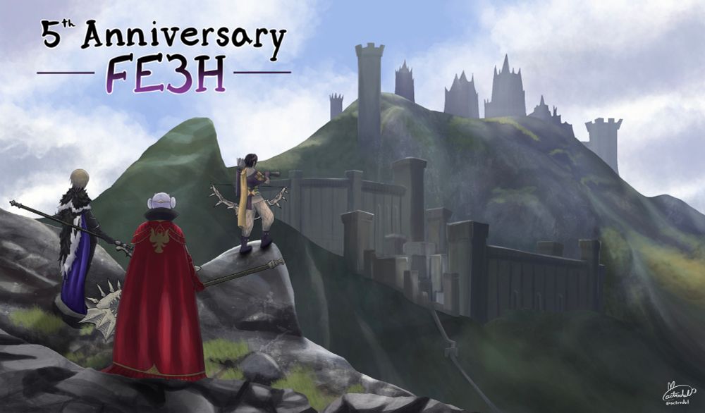 Digital drawing of the 3H house leaders with their timeskip designs standing on a cliff looking out to Garreg Mach Monastery in the distance. This is based on the Fódlan Collection box art.