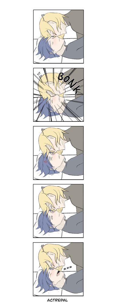 5-panel comic where Dimitri and Felix try to kiss while lying down, but Dimitri slips and bonks heads with Felix. Felix is annoyed at first but bursts into laughter when he sees Dimitri’s sad puppy dog eyes, causing Dimitri to smile too.