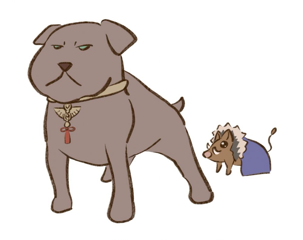 Digital doodle of a huge bulldog wearing a collar with Dedue’s earring as its tag, standing in front of a tiny boar with Dimitri’s fur-collared cape