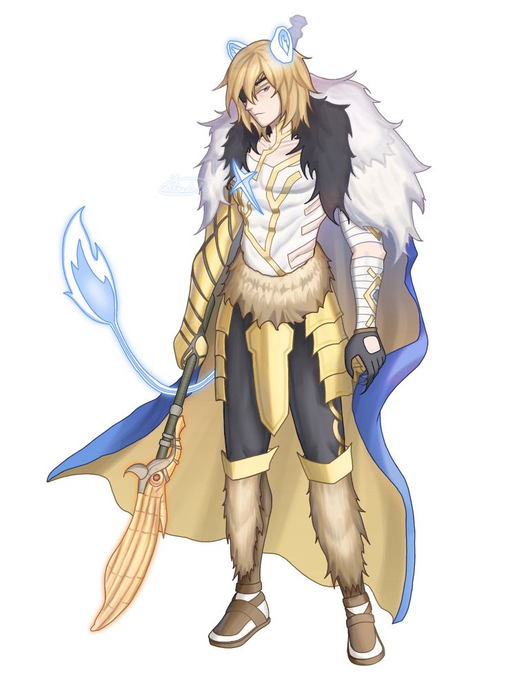 Digital art of post-timeskip Dimitri wearing an outfit inspired by Yggdrasil in FE Heroes. The outfit includes a white skin-tight leotard with gold strips on his top half, fur over his hip and lower legs, bandages on his left arm, a metal wrap around his right arm, and glowing lion ears and a tail. He has Areadbhar in his right hand.