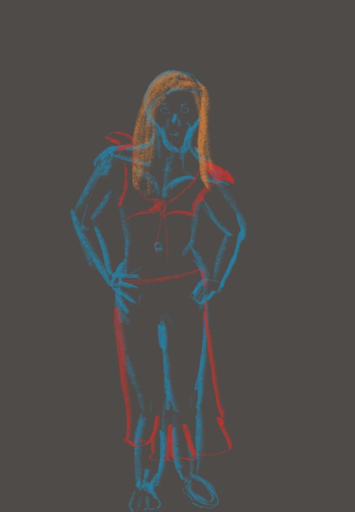 sketch of a femme figure with her hands on her hips. accidentally made the skull shape like one of those alien grey dudes