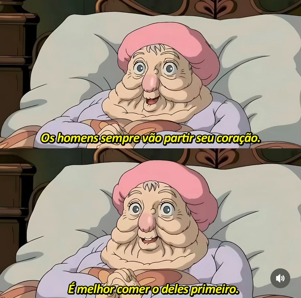 Tirinha de dois quadros de uma cena de O castelo animado. A legenda diz: “Os homens sempre vão partir seu coração. É melhor comer o deles primeiro.”