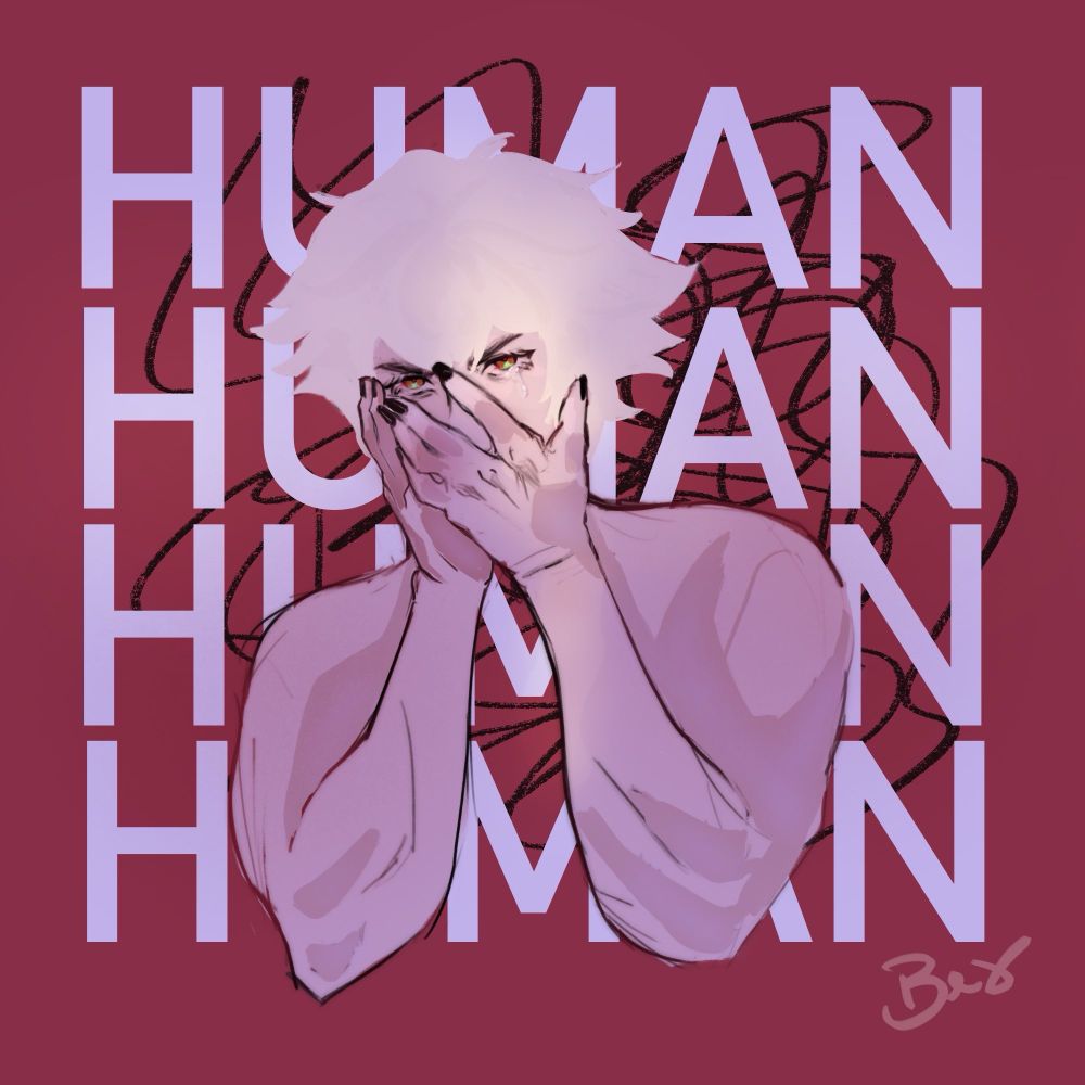 Ilustração. Personagem central com as mãos na frente do rosto, os dedos destacam unhas pretas, e seus olhos, brilhando com tons de castanho e verde, transmitem vulnerabilidade. O cabelo é loiro claro em vez do típico ruivo. O fundo, com repetidas palavras "HUMAN" e linhas caóticas.