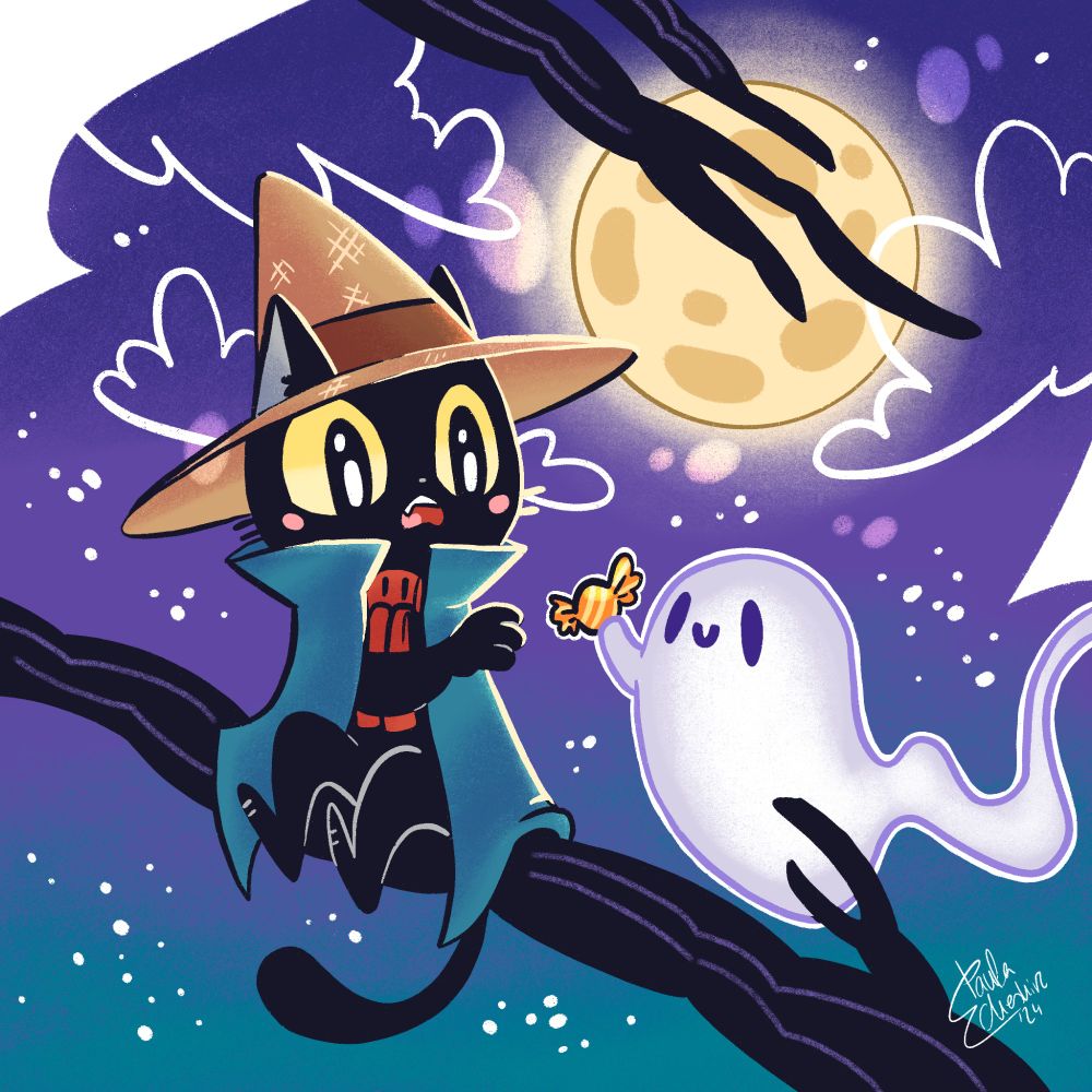 Illustration of a black cat and a ghost offering a candy. The cat is dressed like a witch and has a surprised expression in his face. The moon is in the back and they're both on a tree.
