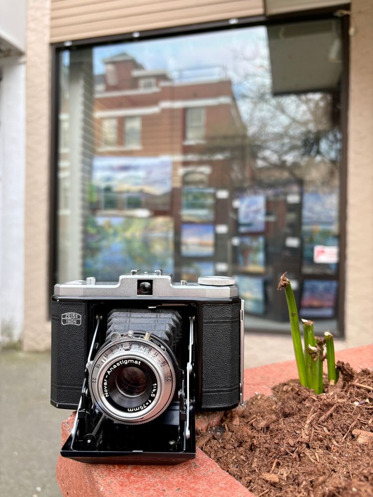 My old folding camera front and centre on the edge off a planter with the window of an art gallery behind.