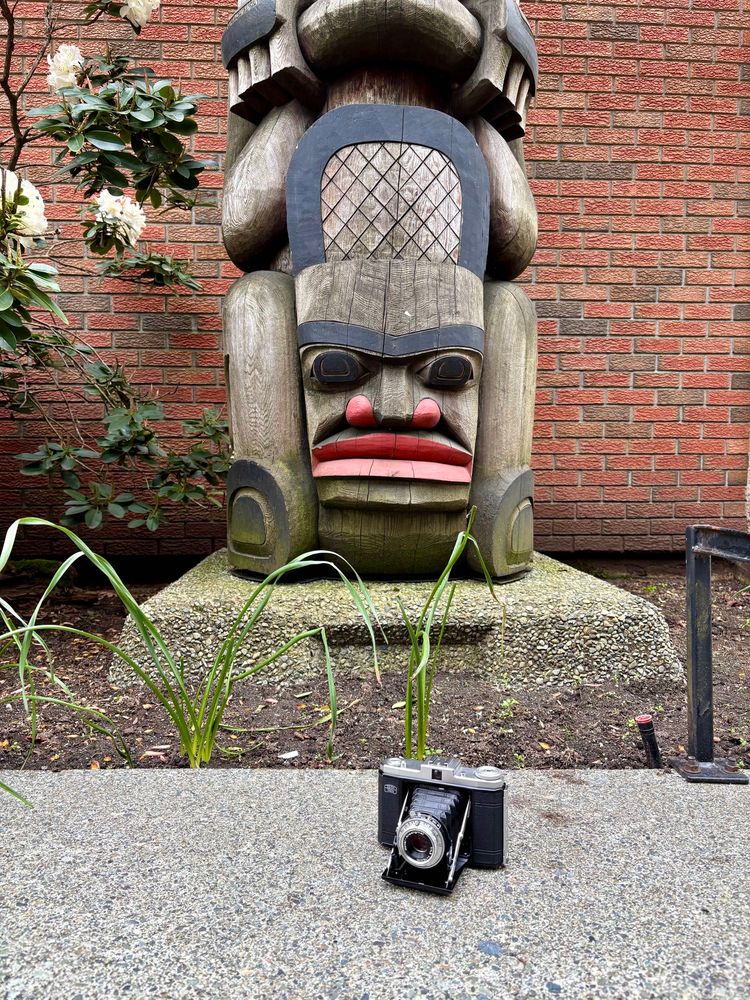 My old folding camera in the foreground with the base of a Coast Salish totem pole behind.