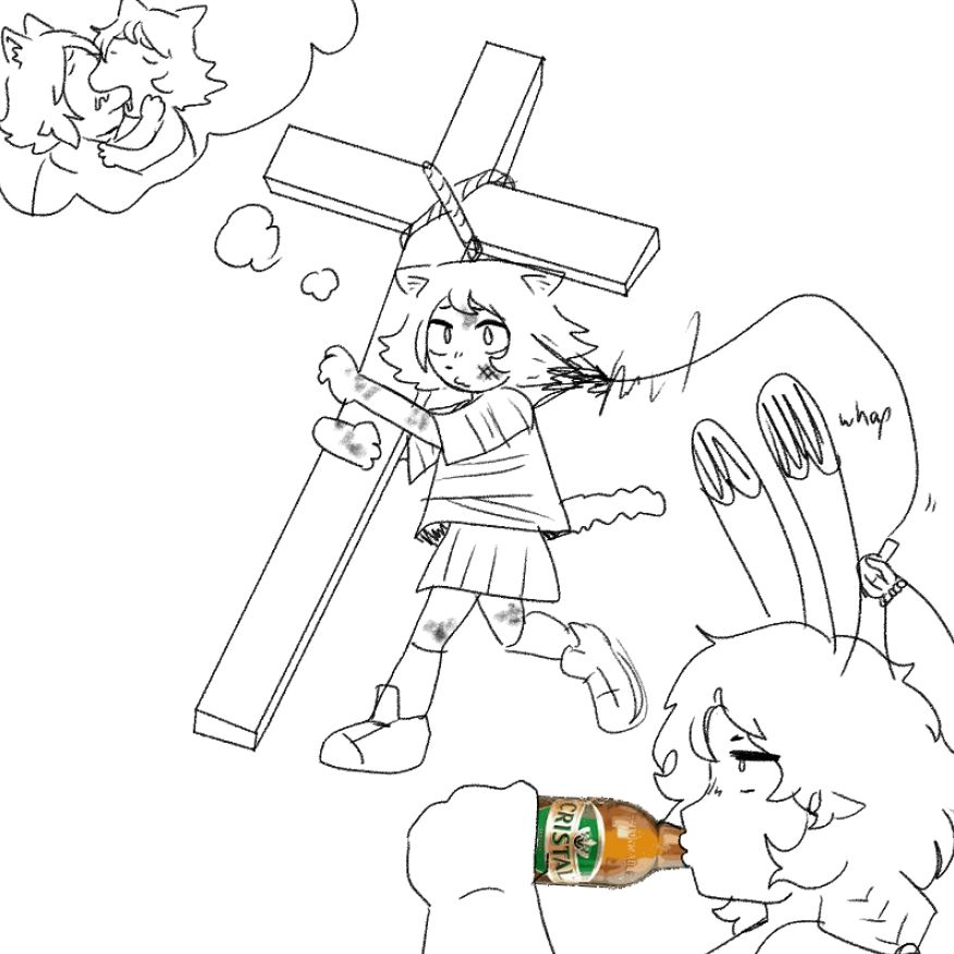 moxie thinking of kissing treat and carrying a cross and whipped by mochi, based on this stupid ass chiikawa drawing where usagi is whipped by kurimanju 😭
