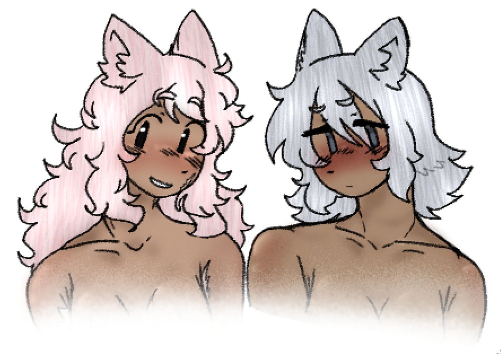Trick (left) smiling, Treat (right) shy(?) 
The white at the bottom is just meant to make the cut off smoother but then i figured it looks enough like steam.... wolp bath time....