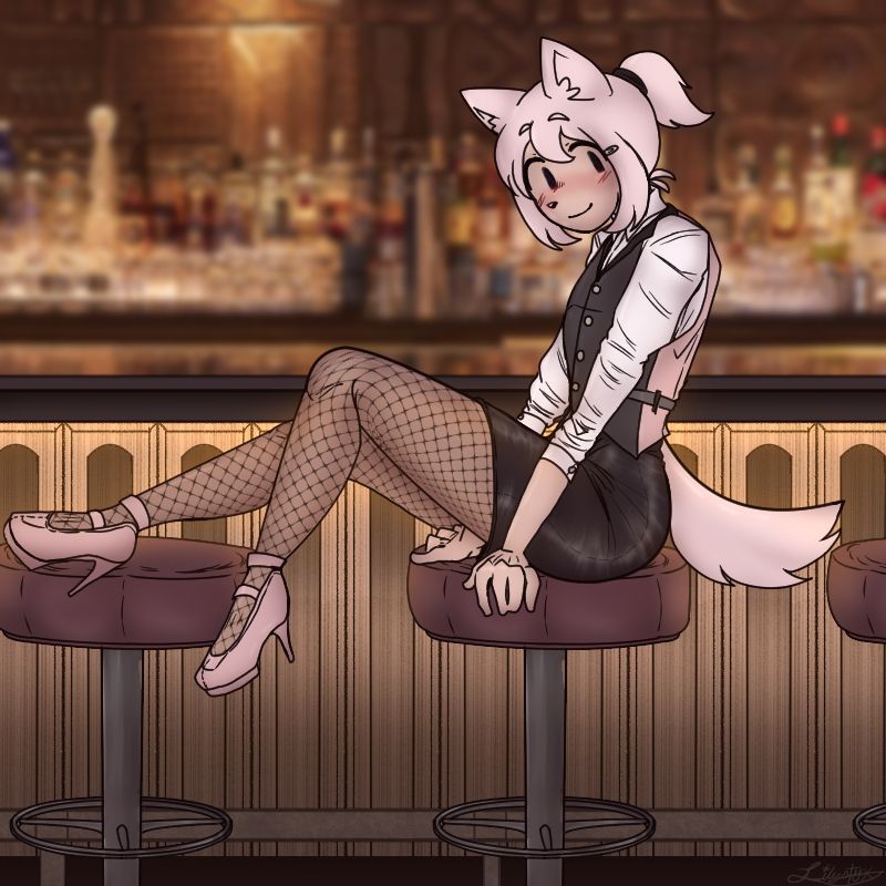 trick in a fancy shirt/vest/skirt outfit with fishnets and heels, sitting on a barstool and resting one foot on another