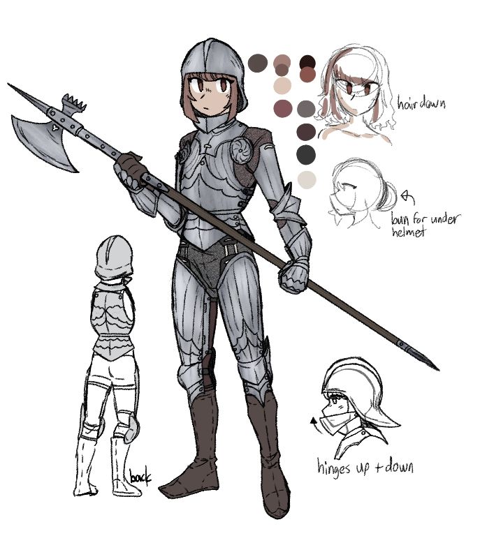 Reference sheet featuring a side view of the helmet, a rear view of the backplate, and a low quality doodle of her hair. To the right of her is her color palette.