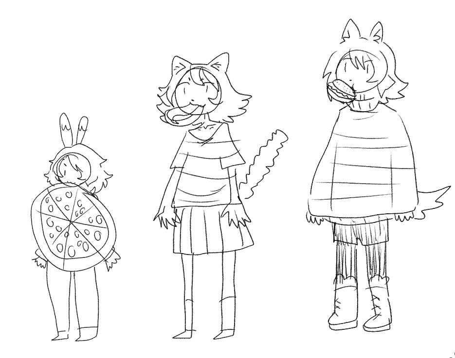 mochi with a big pizza in mouth, moxie with a hot dog in mouth, and treat with a burger in mouth