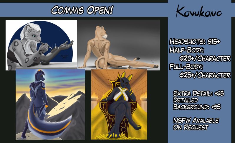 A commission sheet, advertising prices. Headshots are $15, half-bodies are $20, full-bodies are $25.