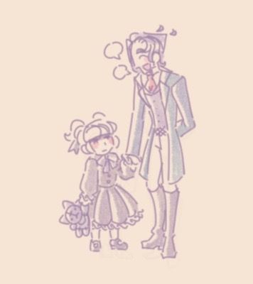 A young Barok and Maria are holding hands. Barok is talking to her as she looks up to him silently.