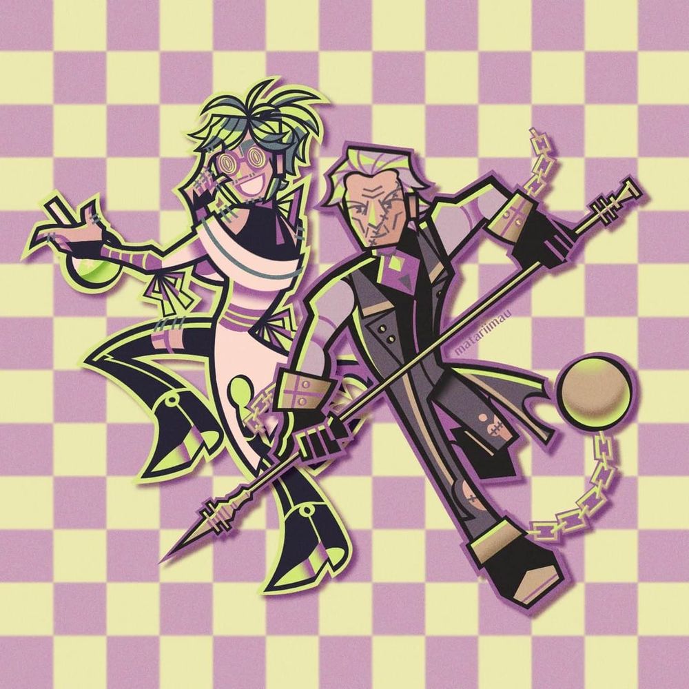 Yukimura and Gunter from Fire Emblem Fates dressed up in Halloween costumes. Yukimura is a mad scientist, dressed in a torn lab coat and lab goggles which he adjusts with one hand mischievously. He holds up a round flask filled with green potion. Gunter is Frankenstein's monster, dressed in a torn formal suit with stitches running across his body. He wears handcuffs and a ball and chain. Gunter is determinedly pointing a lance.