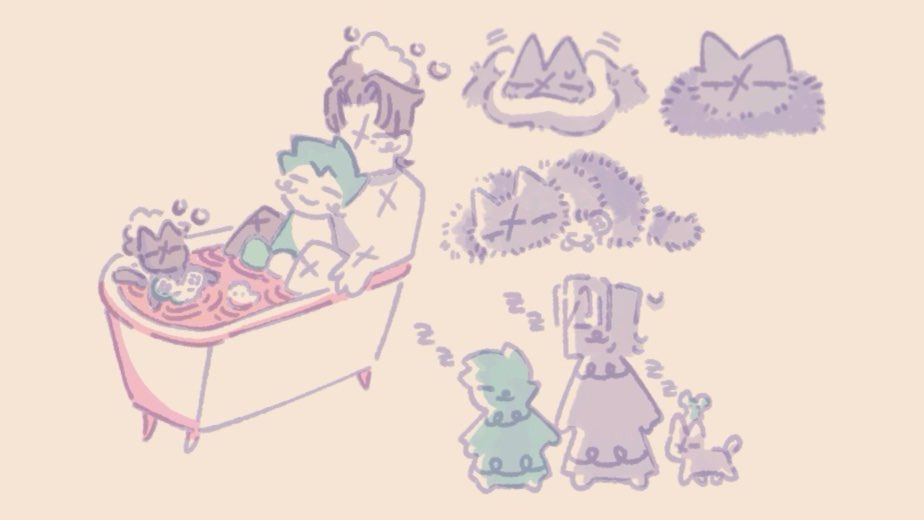 Ryunosuke, Chuunosuke, Barok, and nyan Zieks having a shared bath. Ryunosuke and Chuunosuke are leaning against Barok and nyan Zieks respectively. A second drawing is nyan Zieks' fur getting fluffier after getting dried and Chuunosuke sleeping with him. The last drawing is Ryunosuke and Barok in nightshirts walking hand-in-hand sleepily, the animals close behind.