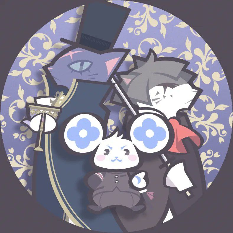 Barok van Zieks and Kazuma Asogi are cats, standing back-to-back as Barok wields a chalice of wine and Kazuma brandishes a sword. In front of them is Ryunosuke Naruhodo as a mouse, determinedly pointing forward.