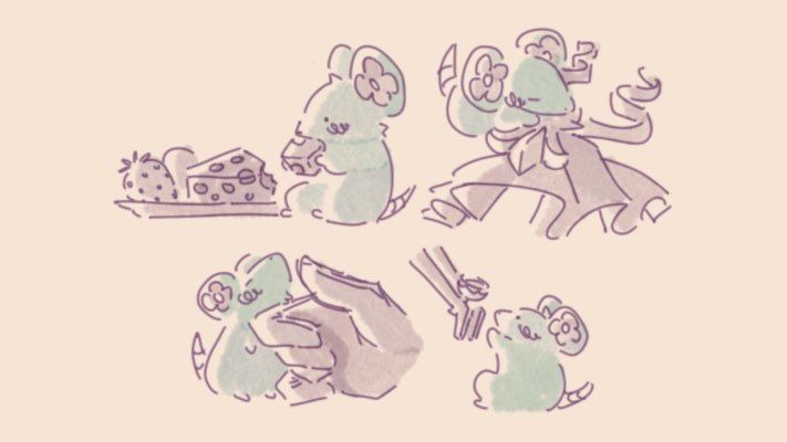 Four drawings of Chuunosuke eating off a platter of fruit and cheese, sleeping on Barok's cravat, being scritched by a gloved hand, and being handed a tiny hallowed chalice by a pair of tweezers.