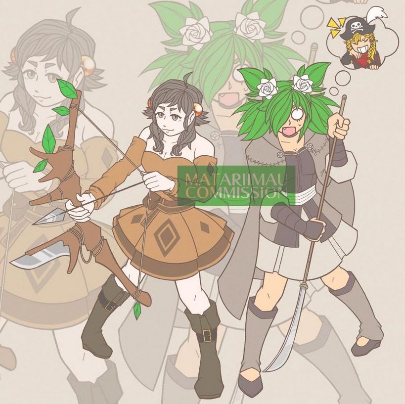 Mozu and Anna with their clothes and weapons switched. Mozu is determinedly aiming a bow and arrow, while Anna is awkwardly gripping a naginata, thinking of a laughing Matt.