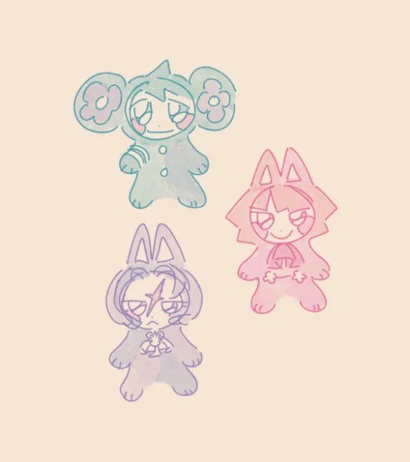 Chibis of Ryunosuke, Kazuma, and Barok in onesies shaped like their animal mascots. Ryunosuke is a mouse, and the other two are cats.