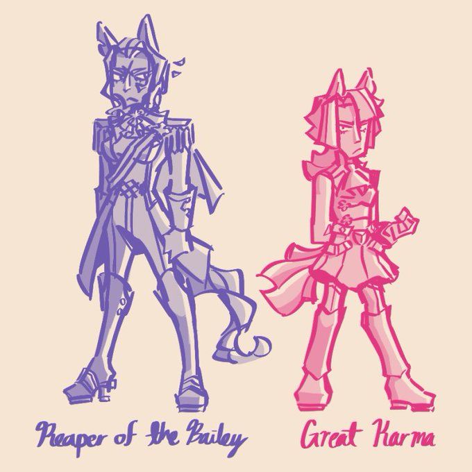 Barok and Kazuma drawn as Umamusume, horse girls. Barok is named Reaper of the Bailey and Kazuma is named Great Karma.
