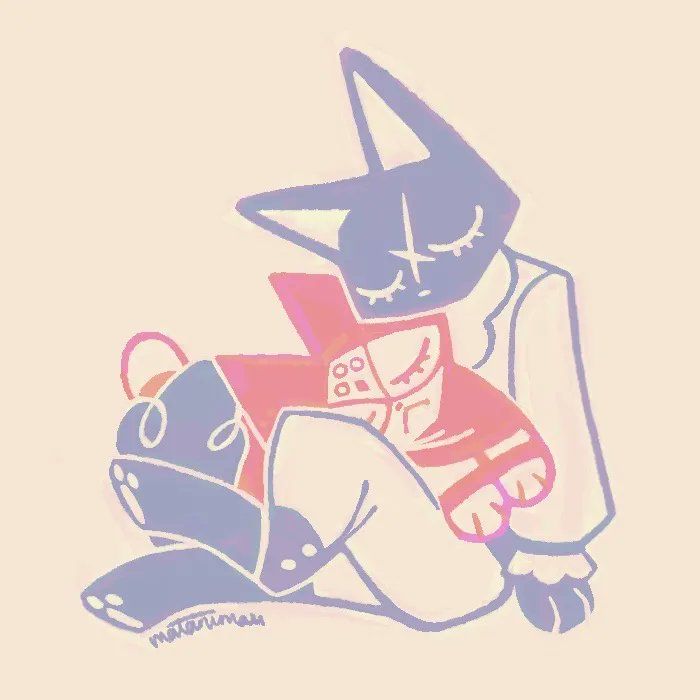 Nyasked Disciple sleeping on his stomach across nyan Zieks' lap. Nyan Zieks curls around him.