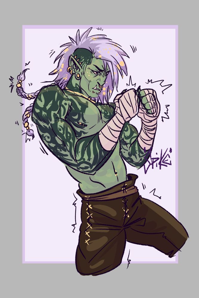 Green half orc with tattoos and purple hair, demonstrating his boxing in a dynamic pose with his fists up. 