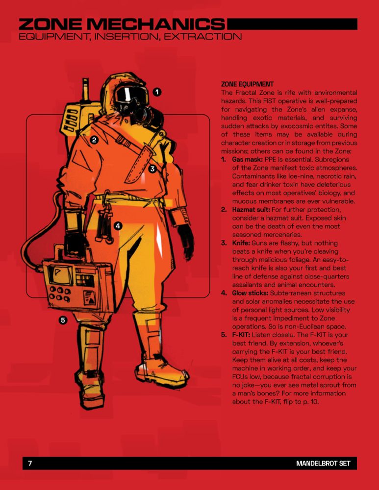 ZONE MECHANICS
EQUIPMENT, INSERTION, EXTRACTION

ZONE EQUIPMENT
The Fractal Zone is rife with environmental hazards. This FIST operative is well-prepared for navigating the Zone’s alien expanse, handling exotic materials, and surviving sudden attacks by exocosmic entites. Some of these items may be available during character creation or in storage from previous missions; others can be found in the Zone:
1. Gas mask: PPE is essential. Subregions of the Zone manifest toxic atmospheres. Contaminants like ice-nine, necrotic rain, and fear drinker toxin have deleterious effects on most operatives’ biology, and mucous membranes are ever vulnerable.
2. Hazmat suit: For further protection, consider a hazmat suit. Exposed skin can be the death of even the most seasoned mercenaries. 
3. Knife: Guns are flashy, but nothing beats a knife when you’re cleaving through malicious foliage. An easy-to-reach knife is also your first and best line of defense against close-quarters assailants and animal encounters.
4. Glow sticks: Subterranean structures and solar anomalies necessitate the use of personal light sources. Low visibility is a frequent impediment to Zone operations. So is non-Eucliean space.
5. F-KIT: Listen closelu. The F-KIT is your best friend. By extension, whoever’s carrying the F-KIT is your best friend. Keep them alive at all costs, keep the machine in working order, and keep your FCUs low, because fractal corruption is no joke—you ever see metal sprout from a man’s bones? For more information about the F-KIT, flip to p. 10. 