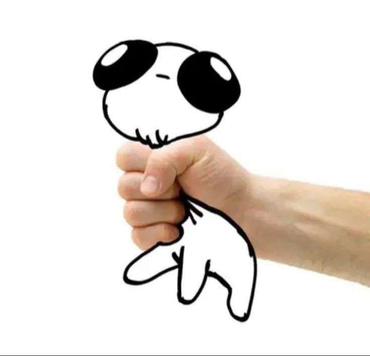 An autism creature is being held aloft, squeezed comically tight by a realistic human hand