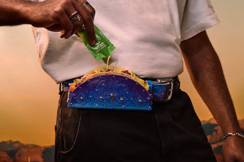 Taco Bell taco holster in blue being worn