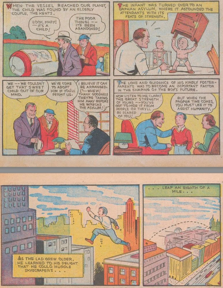 Six panels from the 1939 comic Superman #1 showing young Clark Kent growing up in an urban environment rather than rustic Smallville.
