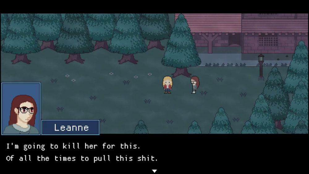 Screenshot of the retro JRPG "Kissed By A Star" by zDS, featuring character Leanne, a brown-haired girl with glasses, talking to a blonde girl in a dense coniferous forest near two wooden structures, saying "I'm going to kill her for this. Of all the times to pull this shit." The air is moody and tense.