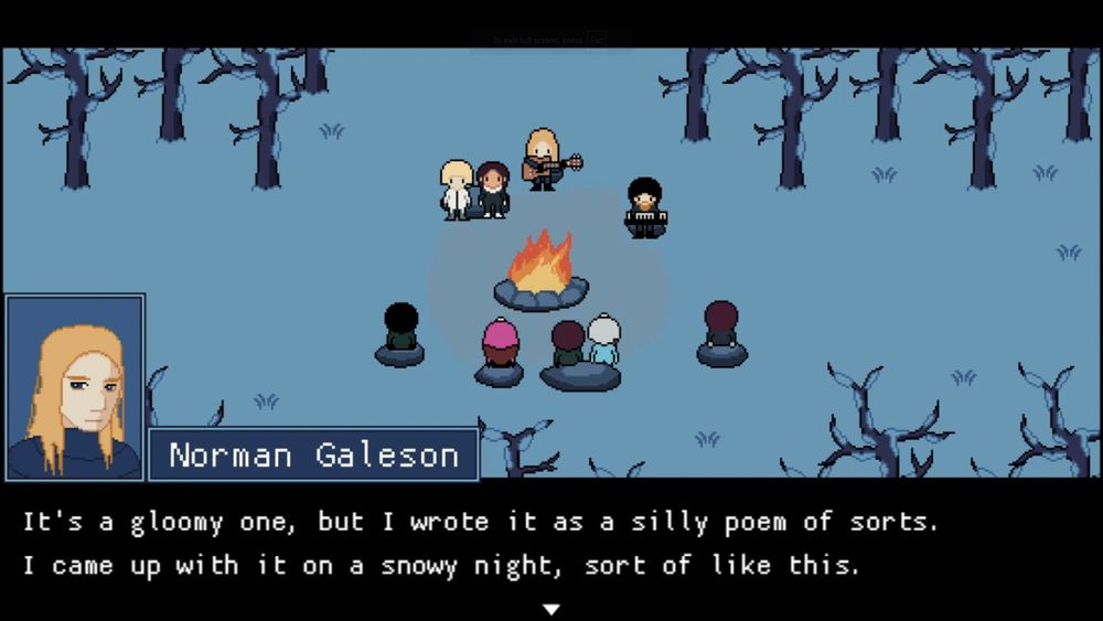 Screenshot of the retro JRPG "Kissed By A Star" by zDS, featuring a group of 9 people in a snowy forest, surrounded by dead trees, where a blonde girl holds a guitar whilst standing in front of the group, a black-haired man sits on a beanbag (as everyone else also sits on a beanbag, except for the blonde girl), with a small keyboard on his lap. Everyone is lounging in different positions, but with most facing the blonde girl with the guitar standing. Her name is shown as "Norman Galeson" alongside a portrait of her, as she speaks: "It's a gloomy one, but I wrote it as a silly poem of sorts. I came up with it on a snowy night, sort of like this." The air is comforting, yet frigid except for the billowing campfire in the center.