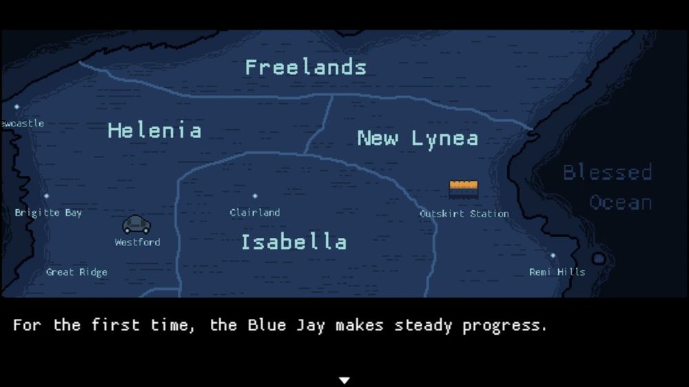 Screenshot of the retro JRPG "Kissed By A Star" by zDS, featuring an overworld map with the regions Freelands to the north, Helenia to the west, New Lynea to the east and Isabella to the south, with a small car within the region of Helenia, and a bus on the region of New Lynea, with the text below it saying "For the first time, the Blue Jay makes steady progress", referring to the bus.