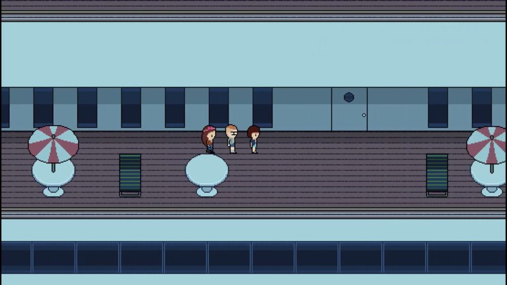 Screenshot of the retro JRPG "Kissed By A Star" by zDS, featuring 3 characters walking along in party fashion on the deck of an empty ship, past tables with umbrellas on them, and deck chairs. The vibe is cool and ghostly.