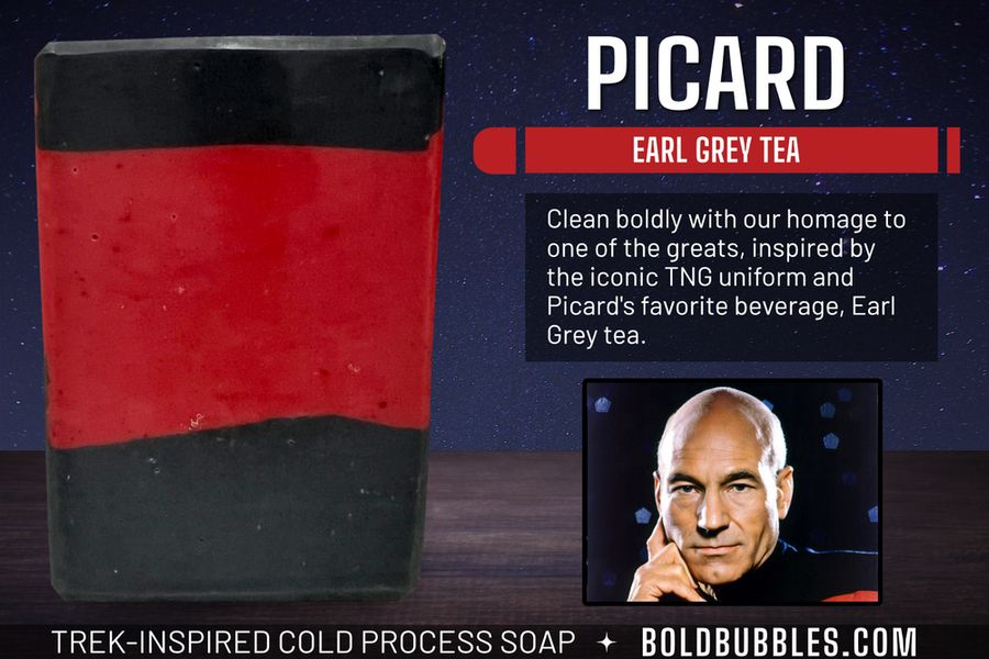 A bar of red and black soap inspired by the iconic uniforms worn on Star Trek: The Next Generation. The scent is Earl Grey tea, Captain Picard's favorite beverage.