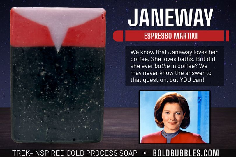 A black, red, and purplish-grey bar of soap inspired by Captain Kathryn Janeway from Star Trek: Voyager. It is scented with an espresso martini fragrance.