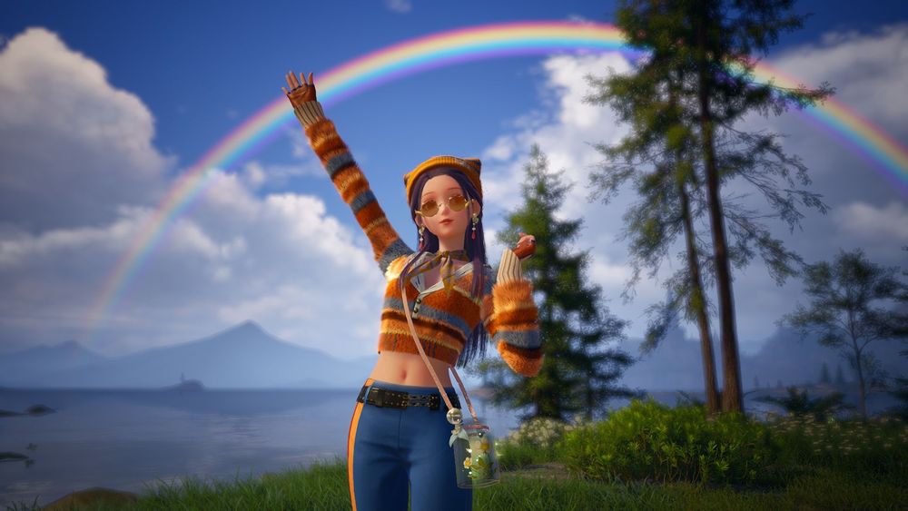 Infinity Nikki screenshot : Nikki in a hippy-style outfit, waving at the camera, with a rainbow in the background