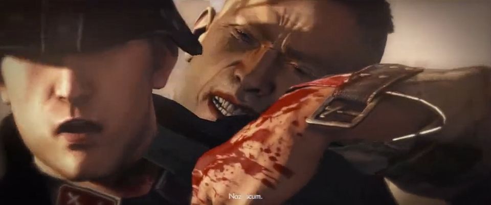 B.J Blazkowicz qui égorge un nazi en disant "Nazi scum"