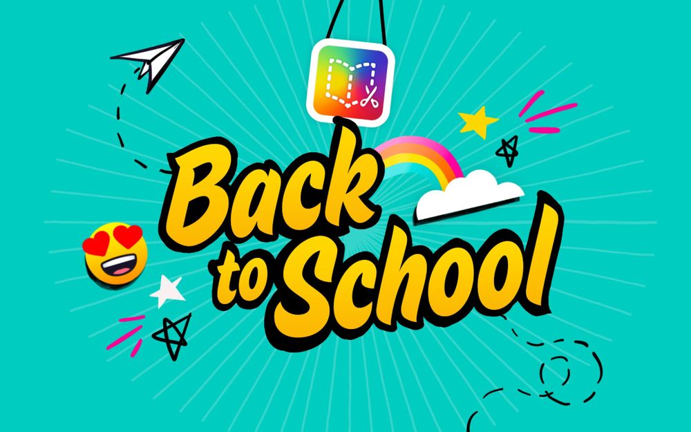 "Back to School" text with playful elements like a paper airplane, rainbow, stars, and doodles on a teal background.