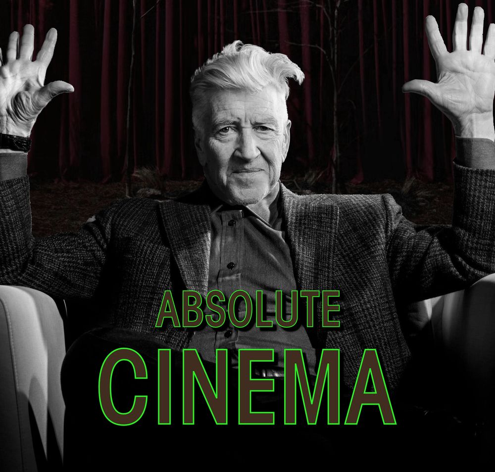 la même image mais ABSOLUTE CINEMA est écrit avec la police et les couleurs particulières du générique de Twin Peaks