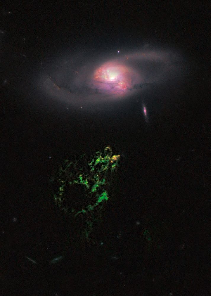 Hanny's Voorwerp and IC 2497 taken by Wide Field Camera 3 of the Hubble Space Telescope. Hanny's Voorwerp (Dutch for "Hanny's object") was discovered in 2007 by Dutch schoolteacher and citizen scientist Hanny van Arkel.