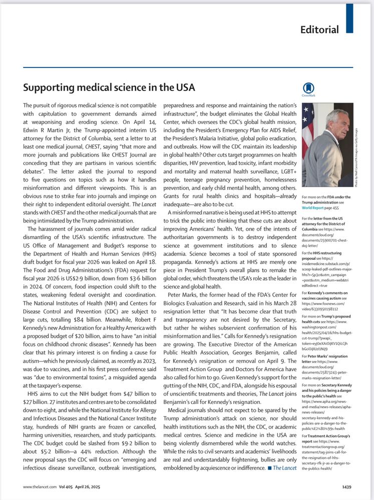 The pursuit of rigorous medical science is not compatible with capitulation to government demands aimed at weaponising and eroding science. On April 14, Edwin R Martin Jr, the Trump-appointed interim US attorney for the District of Columbia, sent a letter to at least one medical journal, CHEST, saying “that more and more journals and publications like CHEST Journal are conceding that they are partisans in various scientific debates”. The letter asked the journal to respond to five questions on topics such as how it handles misinformation and different viewpoints. This is an obvious ruse to strike fear into journals and impinge on their right to independent editorial oversight. The Lancet stands with CHEST and the other medical journals that are being intimidated by the Trump administration.