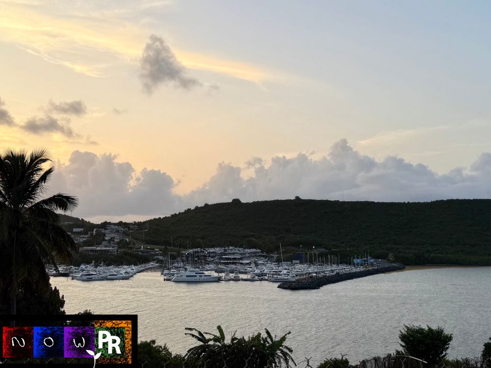 The marina at Puerto Chico in Fajardo, Puerto Rico, glows under the soft colors of dusk, where sea meets hills and sky.

Vista tranquila al atardecer del puerto deportivo Puerto Chico en Fajardo, Puerto Rico. Docenas de yates y veleros blancos descansan en el muelle, rodeados de aguas calmas y colinas verdes. El cielo se ilumina con tonos suaves de anaranjado y lavanda, y una palmera a la izquierda enmarca la escena con un aire tropical.